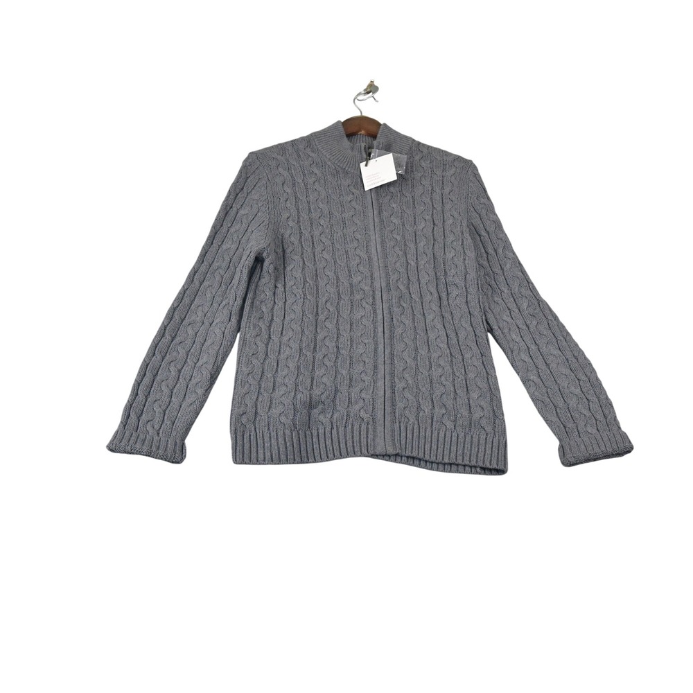 Croft & Barrow Cardigan Women PL Gray New Cable Knit Full Zip Mock Neck Cotton